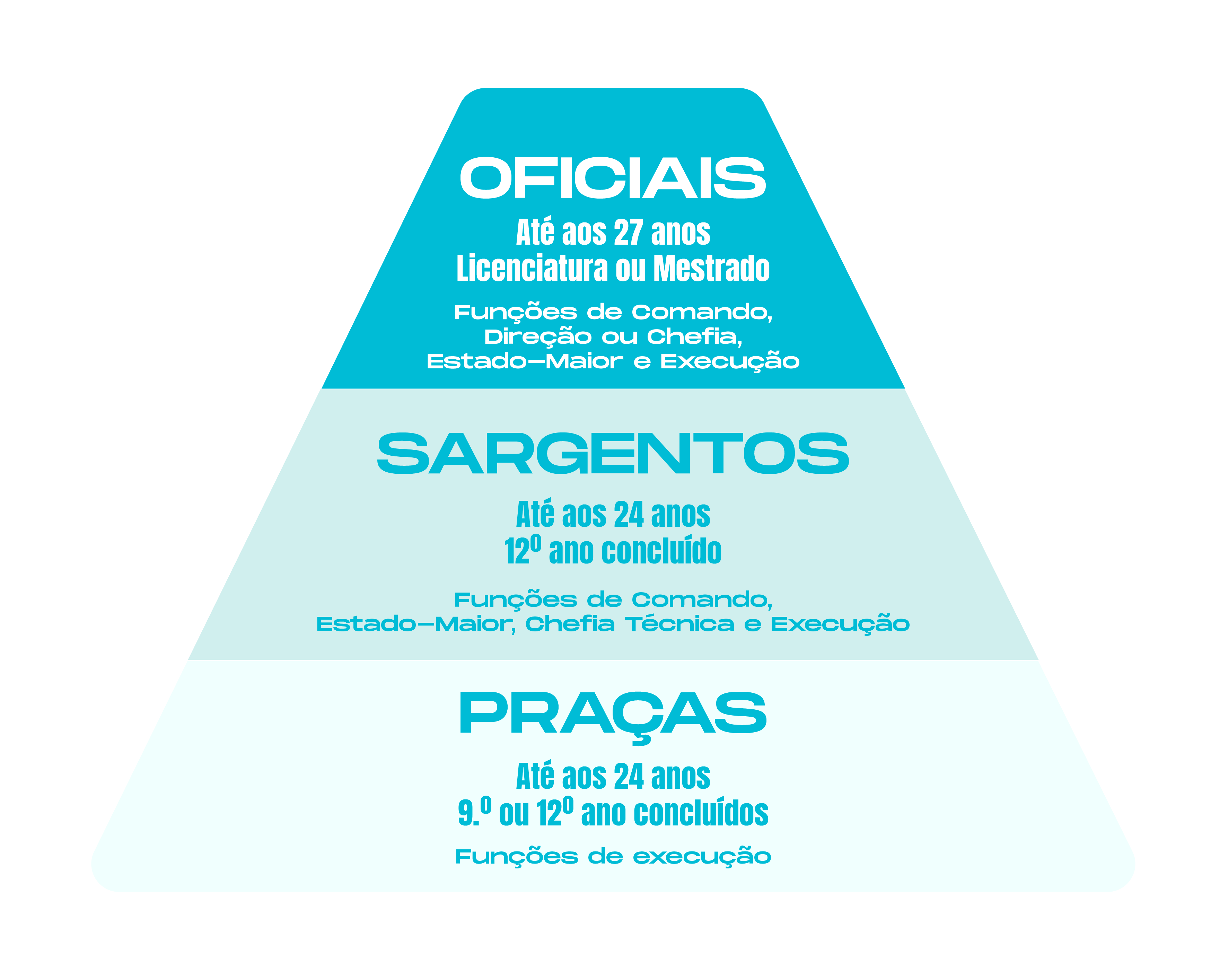 Tabela que representa as 3 categorias das Forças Armadas: Oficiais,Sargentos e Praças